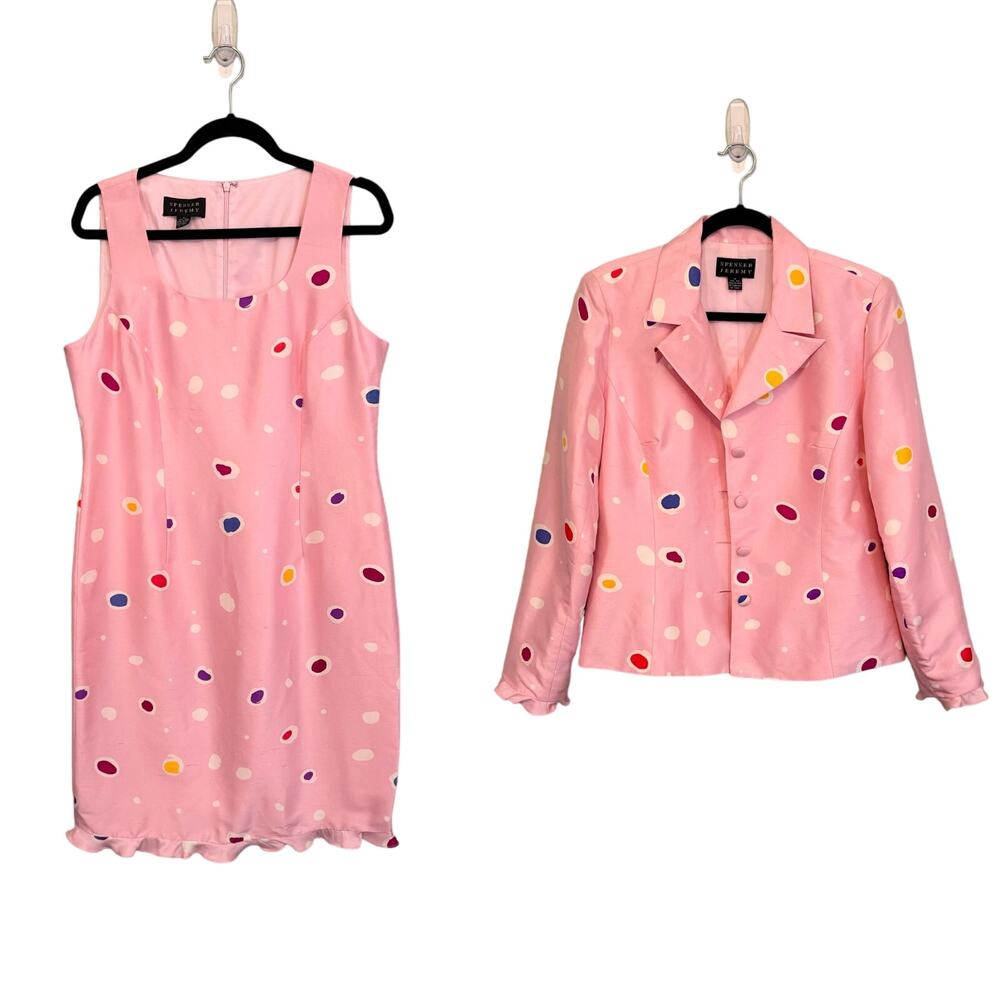 Vintage Spenser Jeremy Silk Mini Dress with Blazer Size 12 Pink Career Polka Dot